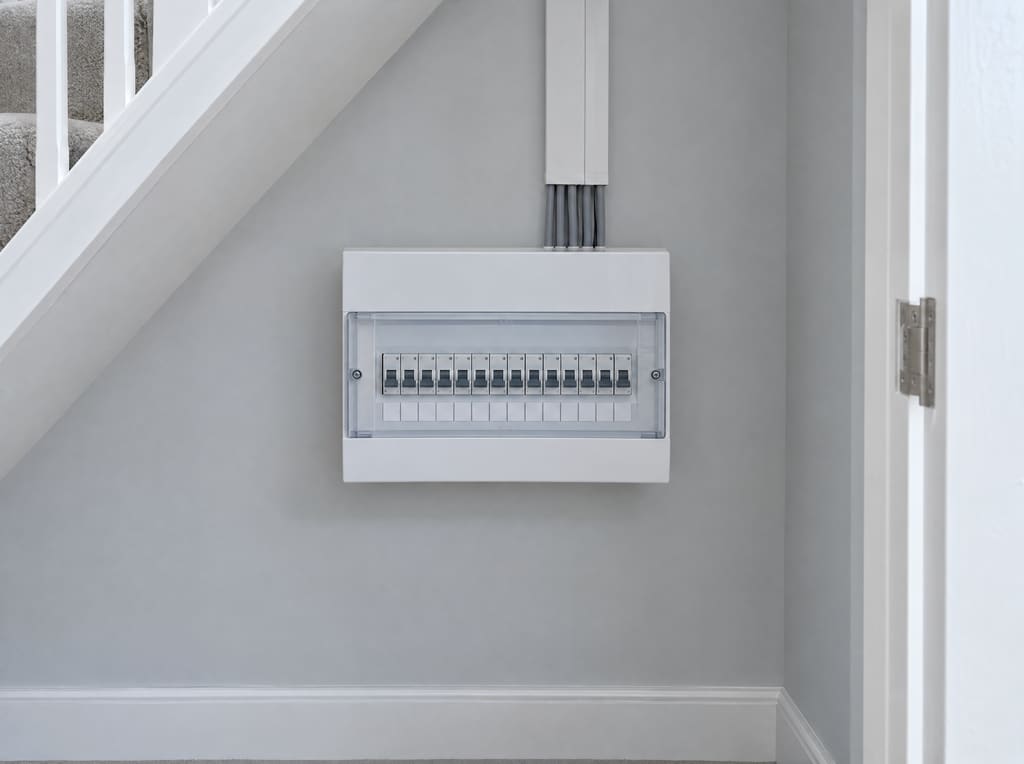 After: a new white fuse board with a neat row of circuit breakers and cables dressed in white trunking