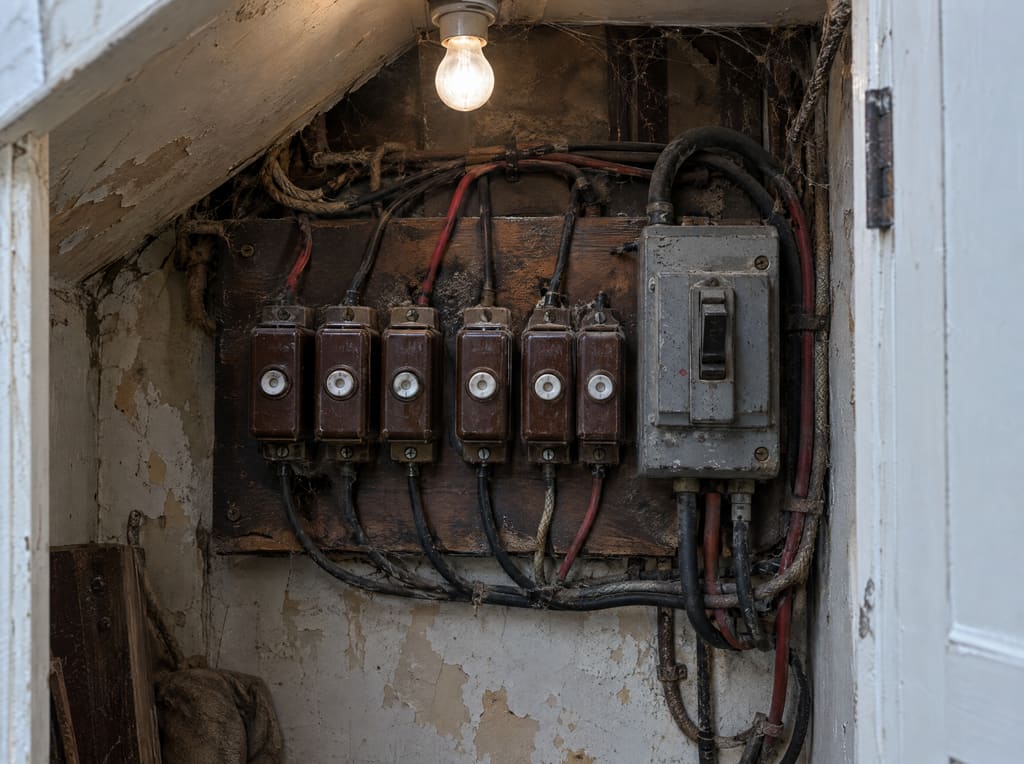 Before: a 1960s fuse box on a scorched wooden board with brown rewireable fuses and tangled old rubber cables