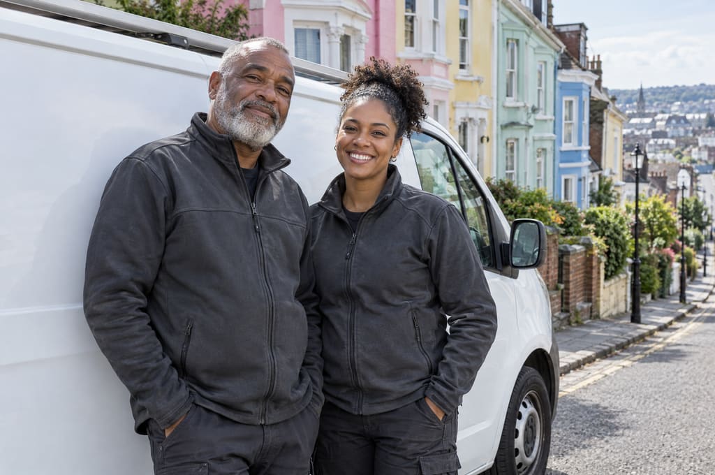 Andre and his daughter Tia smiling beside their white van on a hilly Bristol street of pastel-painted terraces