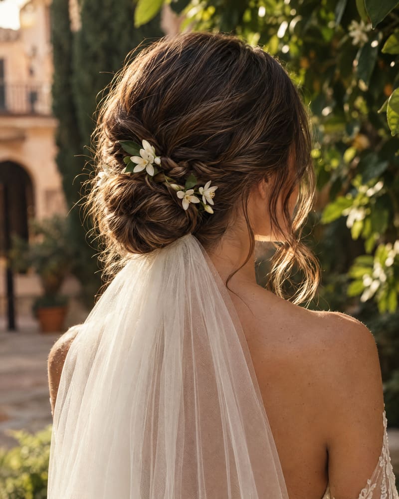 Recogido bajo de novia con flores de azahar y velo de tul