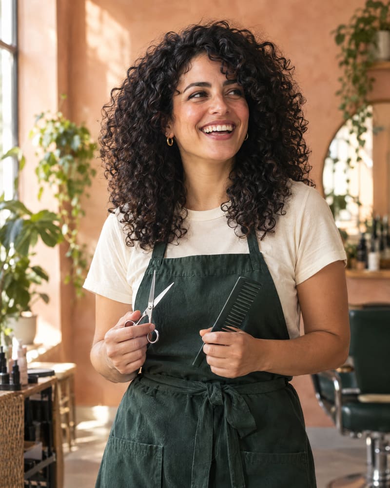 Nadia, estilista, riendo con tijeras y peine en las manos