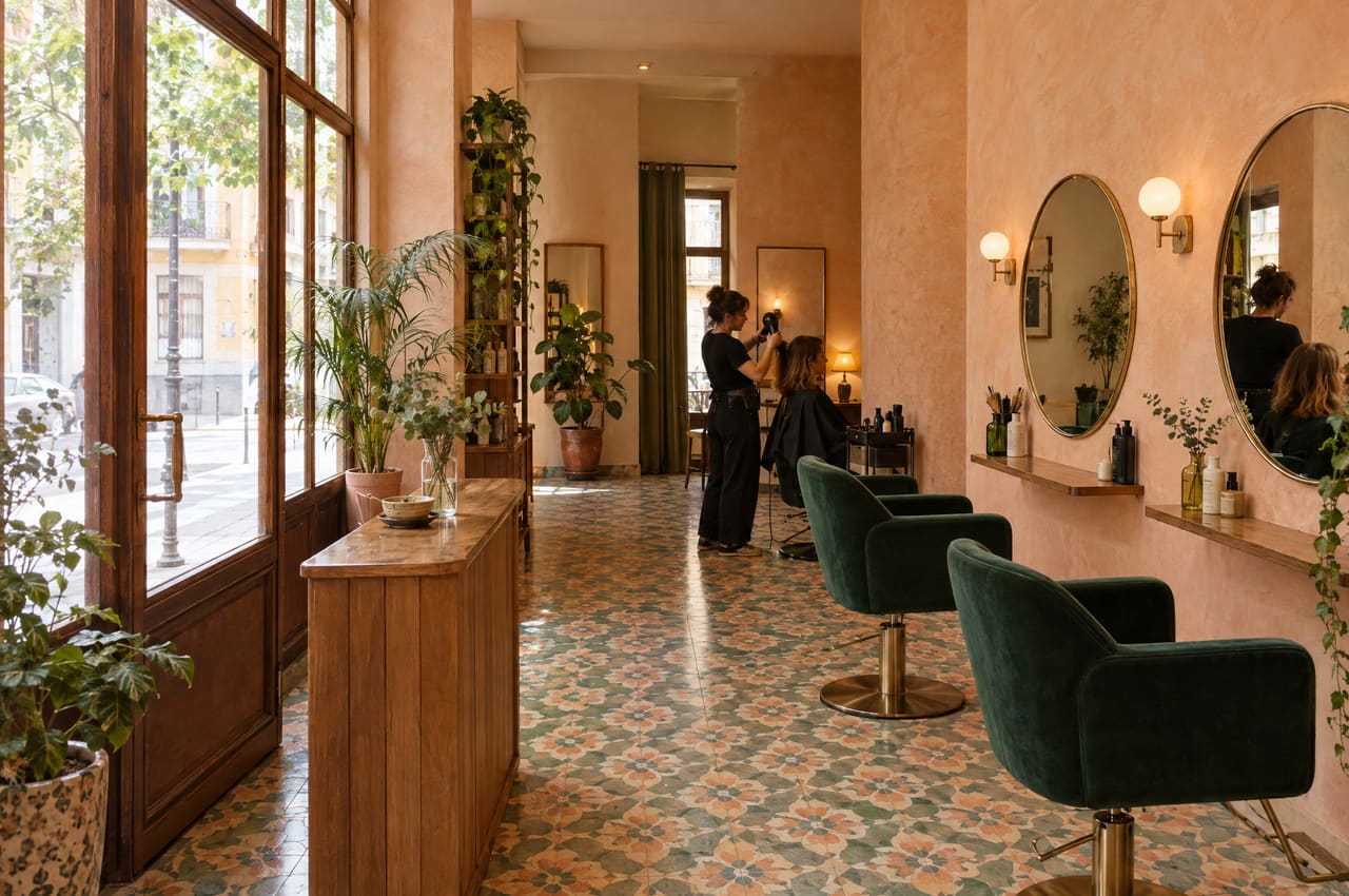 Interior de Estudio Cirera: suelo hidráulico, sillones de terciopelo verde, espejos redondos y ventanales de madera