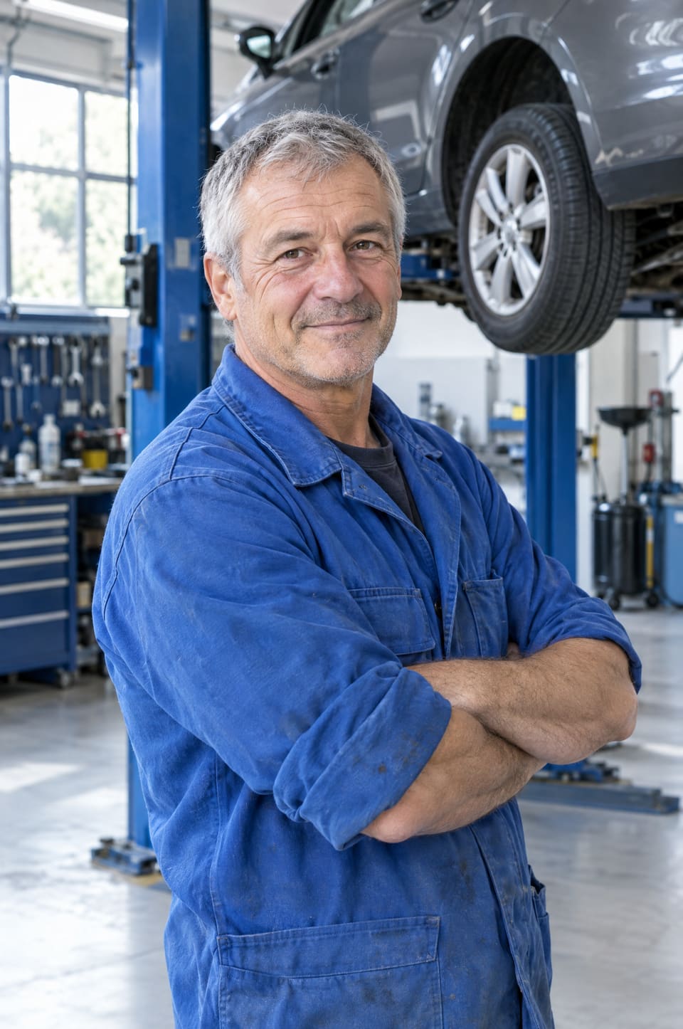 Julien Chavrot, patron de l’atelier, bras croisés devant une voiture sur pont.