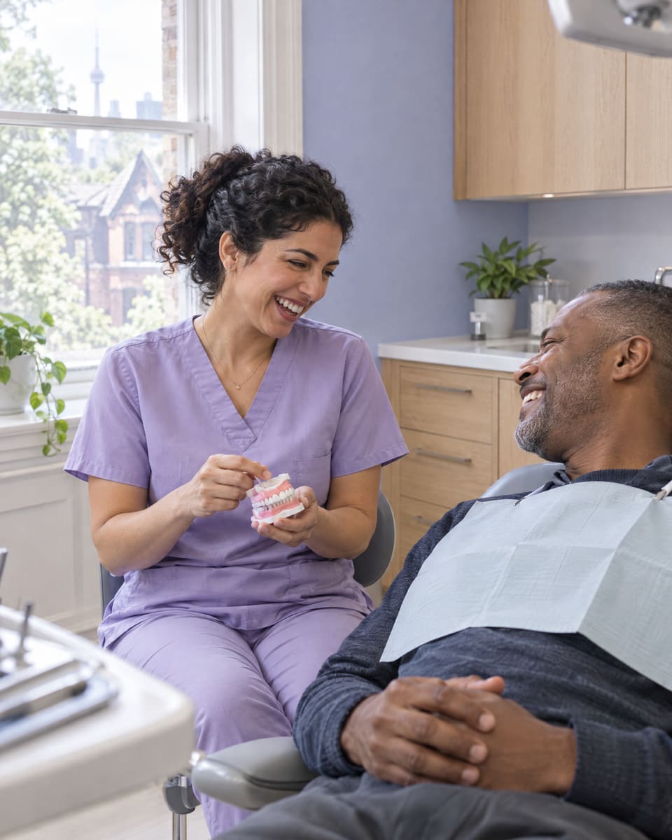 Dr. Nadia Rahimi in lilac scrubs laughing with a relaxed patient in the dental chair while showing him a model of teeth