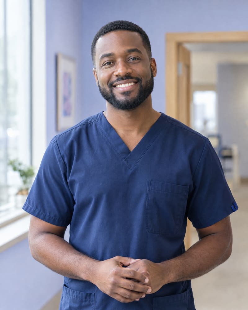 Portrait of Dr. Daniel Okafor in navy scrubs