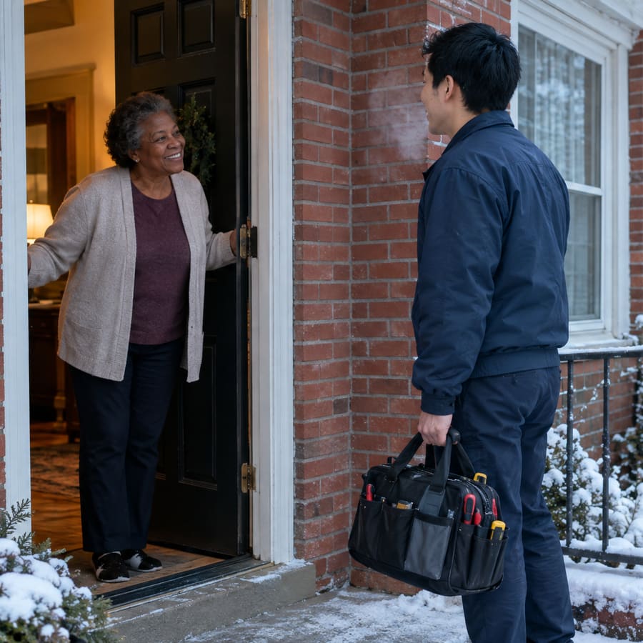 A smiling homeowner opens her front door on a snowy morning to an Ouzel technician carrying his tool bag