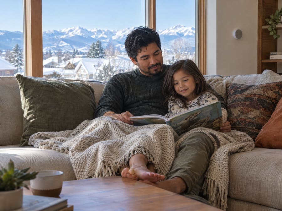 A father and daughter read together on a sofa in a warm living room, snowy mountains outside the window
