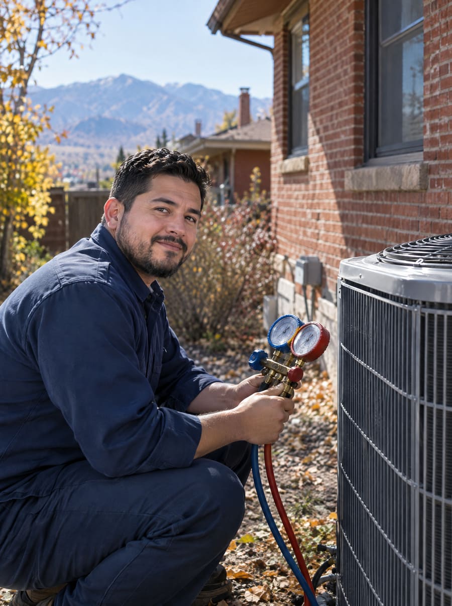 An Ouzel technician crouches beside an air-conditioning condenser at a red-brick Denver bungalow, reading a refrigerant gauge set, with the foothills behind him