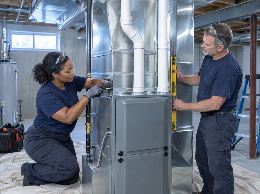 Two installers fit a new high-efficiency furnace and fresh ductwork in a tidy basement