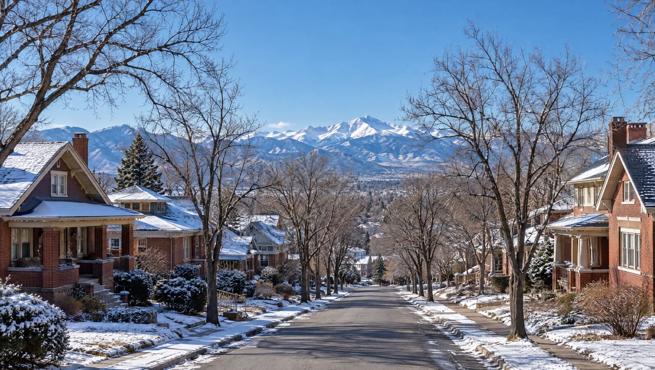 A tree-lined Denver street of brick bungalows under light snow, with the Front Range beyond