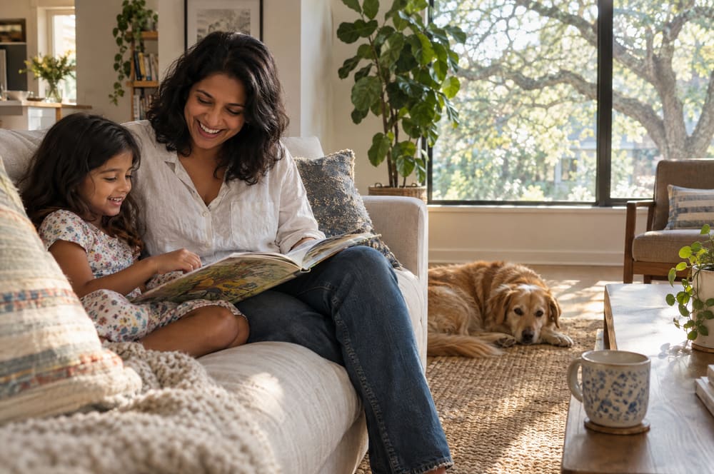 A mother and her young daughter laughing over a picture book on the sofa of a tidy, sunlit living room while their dog naps on the rug