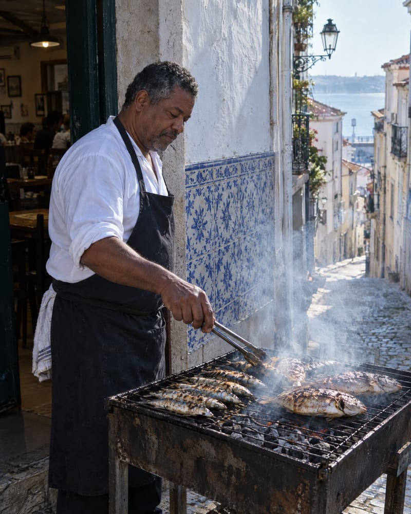 Cozinheiro de avental escuro a virar sardinhas e douradas numa grelha a carvão, à porta da taberna, numa rua íngreme de Alfama.