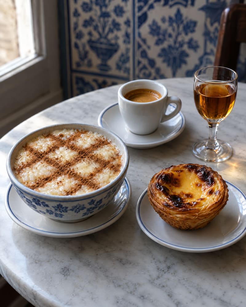 Taça de arroz doce com canela em grade, pastel de nata, café e um cálice de moscatel numa mesa de mármore.