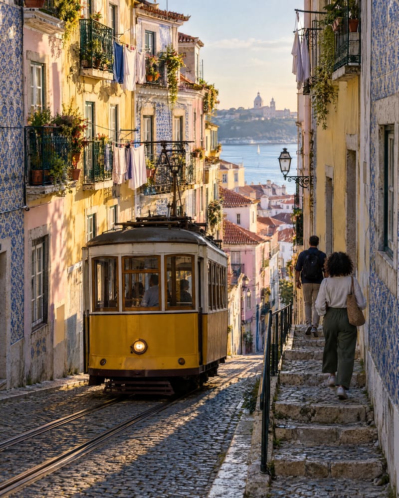 Elétrico amarelo a subir uma rua estreita de Alfama entre casas com varandas, roupa a secar e fachadas de azulejo, com o rio ao fundo.