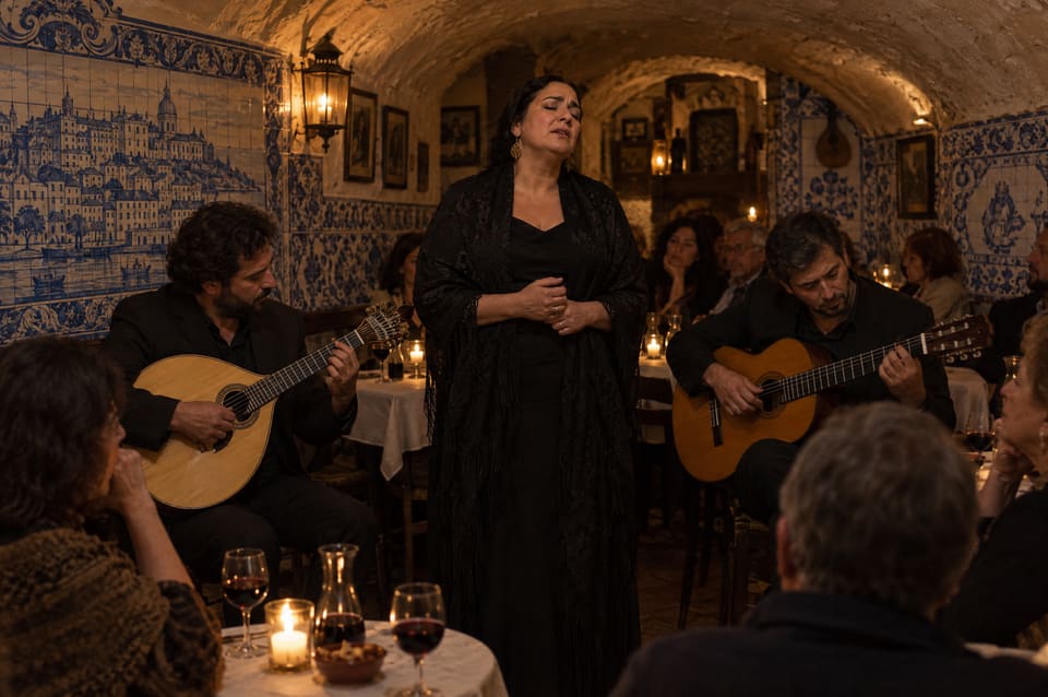 Fadista de vestido e xaile pretos a cantar de olhos fechados entre um guitarrista de guitarra portuguesa e um de viola, numa sala de azulejos à luz das velas.
