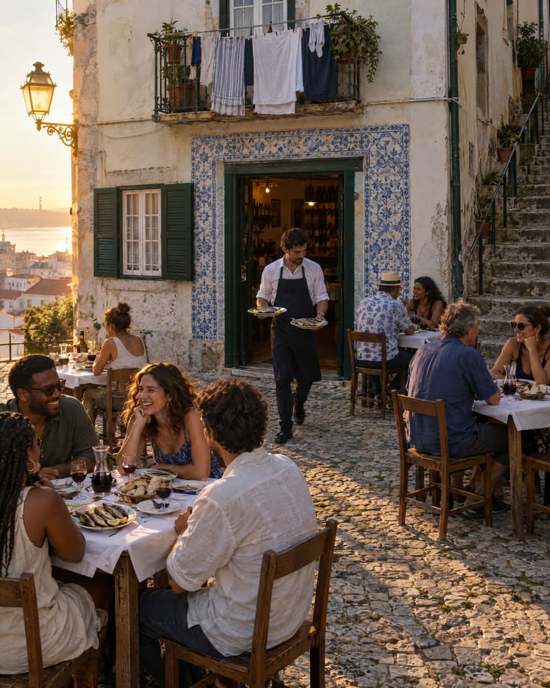 Esplanada da taberna ao fim da tarde num largo de Alfama: mesas com toalhas de papel, sardinhas e vinho, um empregado a servir e a porta emoldurada por azulejos azuis e brancos.