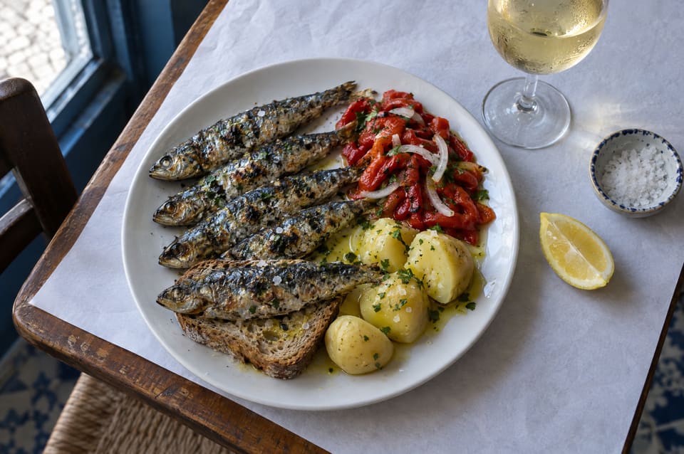 Prato de sardinhas assadas com salada de pimentos e batata cozida, pão, limão e um copo de vinho branco numa mesa de toalha de papel.