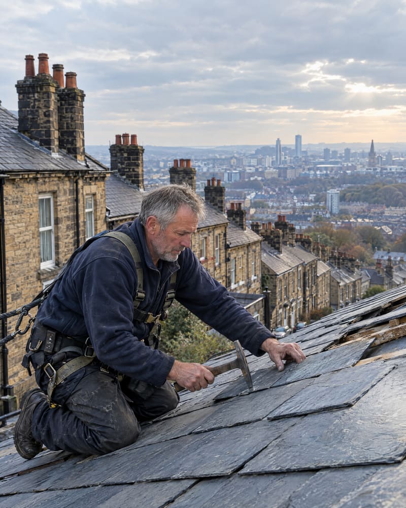 A roofer in a safety harness fitting a new Welsh slate on a stone terrace, with chimney stacks and the Leeds skyline behind