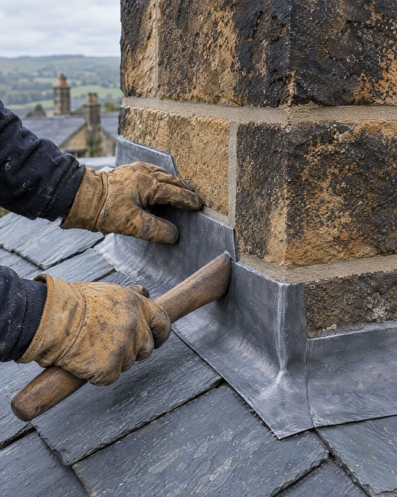 Gloved hands dressing new lead flashing around the base of a sandstone chimney on a slate roof
